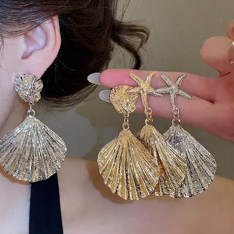 Orecchini Pendenti in Metallo a Forma di Stella Marina e Conchiglia Oro Argento Placcato Ferro Con Perno in Argento Sterling 925 Gioielli da Spiaggia Donna