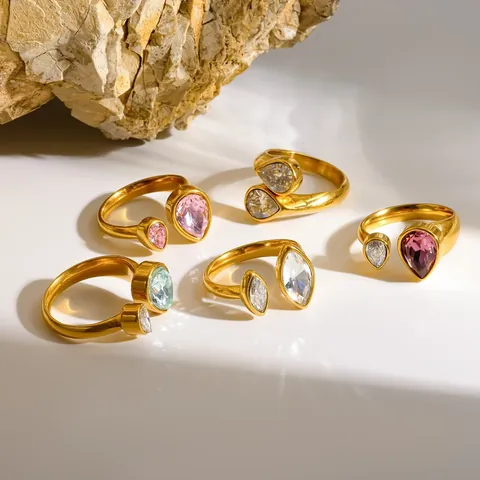 304 Stainless Steel Open Ring For Women 18K Gold Plated Adjustable Geometric Colored Rhinestone Water Drop Marquise Jewelry