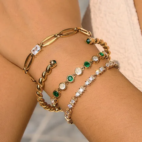 18K Gold Plated Stainless Steel Twisted Cable Bangle Zirconia Bracelet For Women Vintage Green Gemstone Cuff Bracelet Waterproof Jewelry