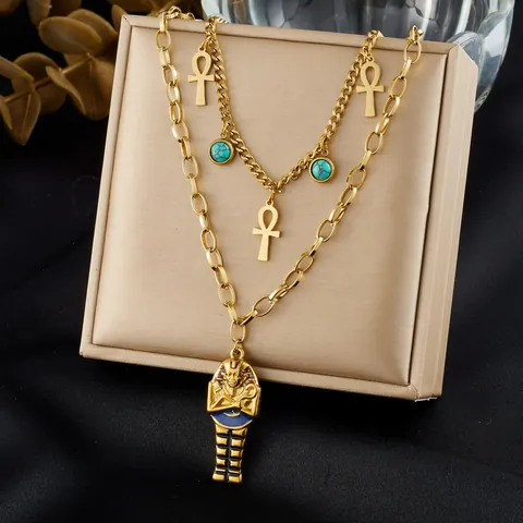 Collier Superposé Vintage Égyptien Pharaon Croix Ankh pour Femmes Acier Inoxydable Plaqué Or 18K Turquoise Synthétique Émail Bijoux