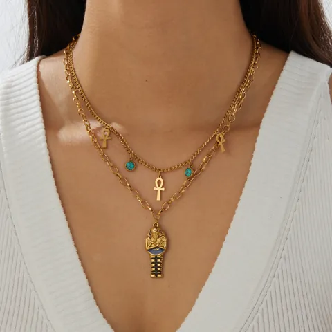 Collier Superposé Vintage Égyptien Pharaon Croix Ankh pour Femmes Acier Inoxydable Plaqué Or 18K Turquoise Synthétique Émail Bijoux