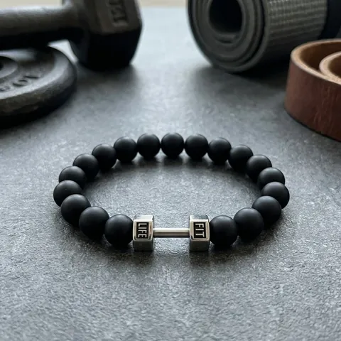 Stainless Steel Beaded Bracelet Dumbbell Charm Hematite Stone Matte Black Fitness Theme Hip Hop Jewelry For Men