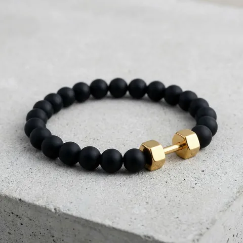 Stainless Steel Beaded Bracelet Dumbbell Charm Hematite Stone Matte Black Fitness Theme Hip Hop Jewelry For Men