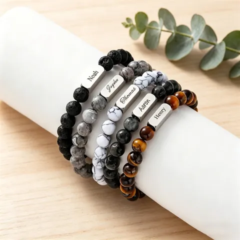 Natural Stone Beaded Bracelet Stainless Steel Bar Tiger Eye Lava Rock Elastic Cord Minimalist Jewelry Gift