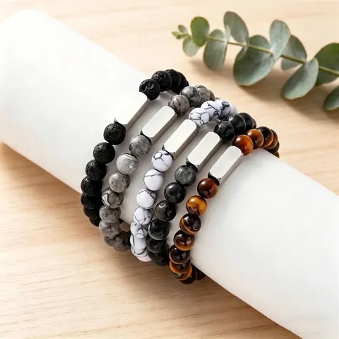 Natural Stone Beaded Bracelet Stainless Steel Bar Tiger Eye Lava Rock Elastic Cord Minimalist Jewelry Gift