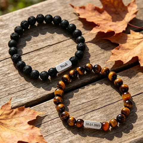 Natural Stone Beaded Bracelet Stainless Steel Bar Tiger Eye Lava Rock Elastic Cord Minimalist Jewelry Gift