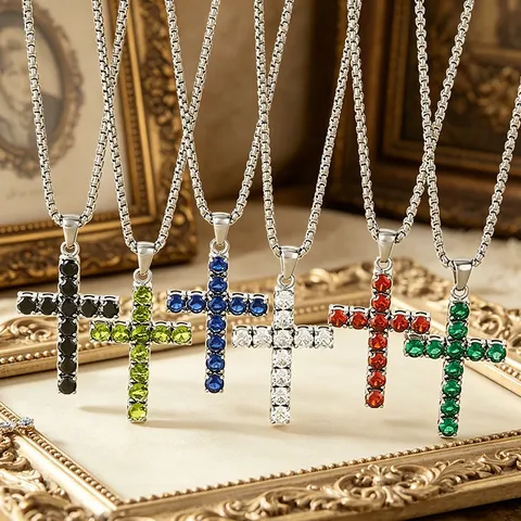 Roestvrijstalen Kruis Hanger Ketting Met Gekleurde Zirkonia Hip Hop Trendy Mode Sieraden Unisex Cadeau