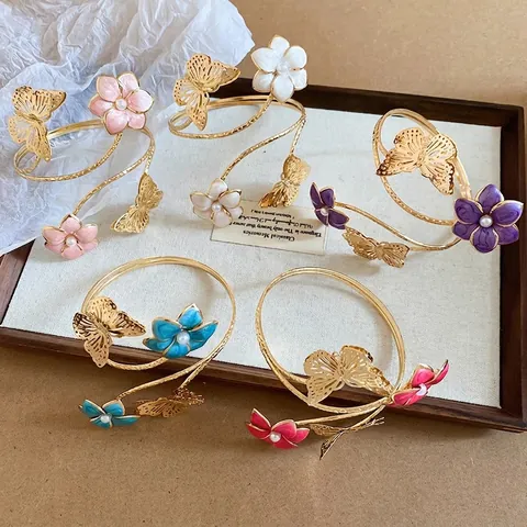 Monet Tuin Stijl Vlinder Bloem Armband Arm Manchetten Armband Zoete Bos Thema Emaille Bloemen Bangle Met Kunstmatige Parel Ingelegd IJzeren Sieraden Voor Vrouwen