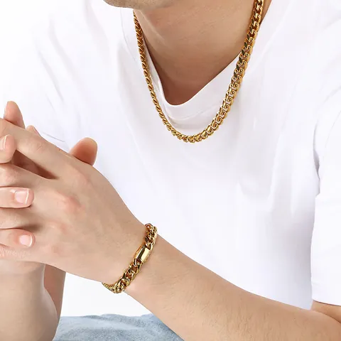 Juego de Joyas de Cadena de Eslabones Cubanos de Miami de Acero Inoxidable Pulido para Hombres Mujeres Moda Minimalista Collar Pulsera