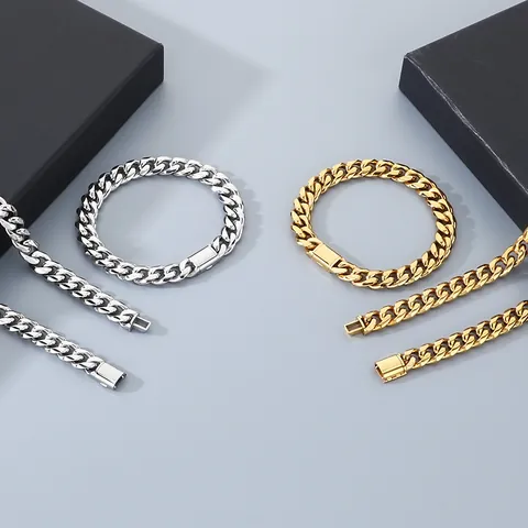 Polished Miami Cuban Link Necklace And Bracelet Set For Men Women Minimalist Stainless Steel Gold Silver Jewelry Set