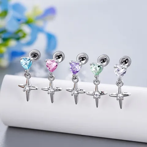Heart Cubic Zirconia Cartilage Earring Cross Star Pendant Titanium Steel Threaded Screw Back Piercing Jewelry For Women