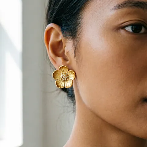 Blumen Ohrstecker 304 Edelstahl 18K Vergoldet Zirkon Gebürstete Textur Vintage Luxus Hypoallergen Für Damen