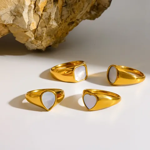 Minimalistischer 18 Karat Vergoldeter Edelstahl Geometrischer Ring Für Damen Mode Perlmutt Herz Design Schmuck Ring Geschenk