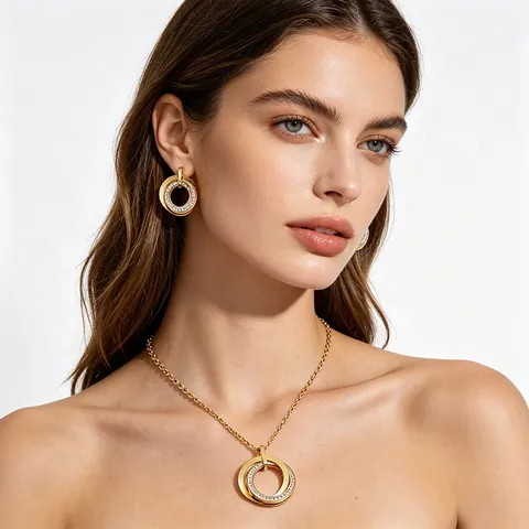 Stainless Steel Jewelry Necklace And Earrings Interlocking Rings Zircon Inlaid Fashion Minimalist For Women