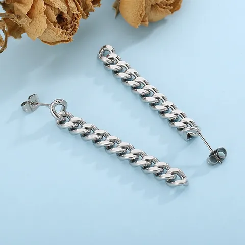 Cuban Link Chain Drop Earrings Stainless Steel Punk Long Tassel Studs Minimalist Hip Hop Jewelry For Men Women