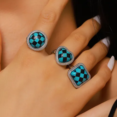 Bague Ouverte à Damiers Vintage pour Femmes Carreaux Bleu Noir Géométrique Strass Alliage Bague Réglable Bijoux de Mode