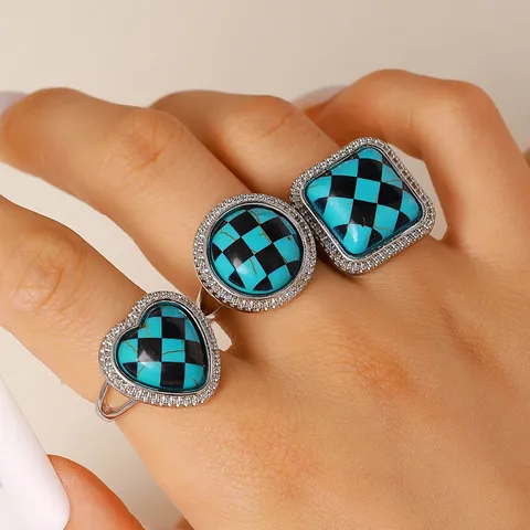 Bague Ouverte à Damiers Vintage pour Femmes Carreaux Bleu Noir Géométrique Strass Alliage Bague Réglable Bijoux de Mode