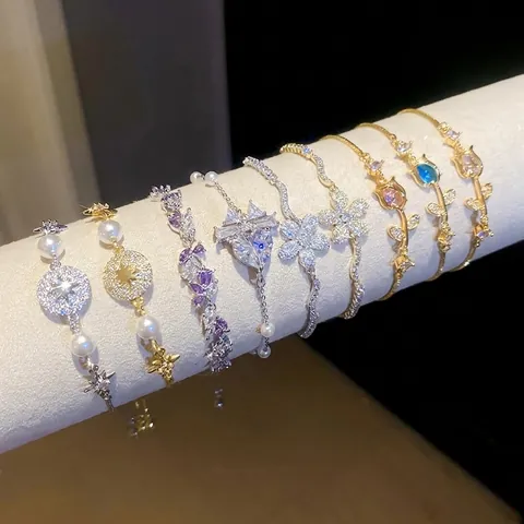 Pulsera de Flores de Circonia Jardín de Monet Cobre Chapado en Oro Plata Perla Artificial Joyería de Mano Ajustable para Mujer