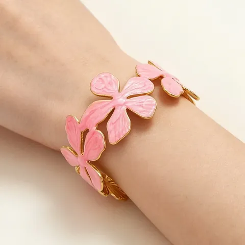 Vintage Romantisch Edelstahl Emaille Blume Offener Armreif Verstellbar Vergoldet Floral Manschette Für Damen Schmuck