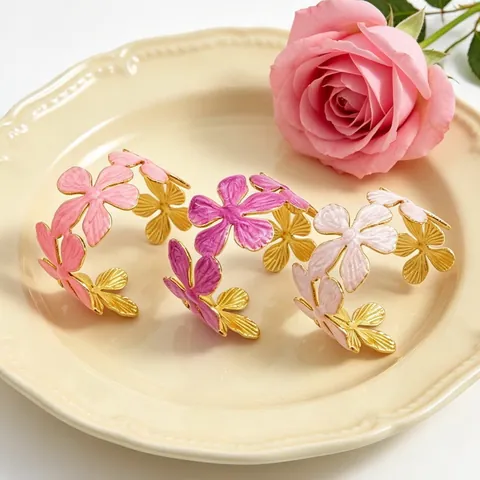 Vintage Romantisch Edelstahl Emaille Blume Offener Armreif Verstellbar Vergoldet Floral Manschette Für Damen Schmuck