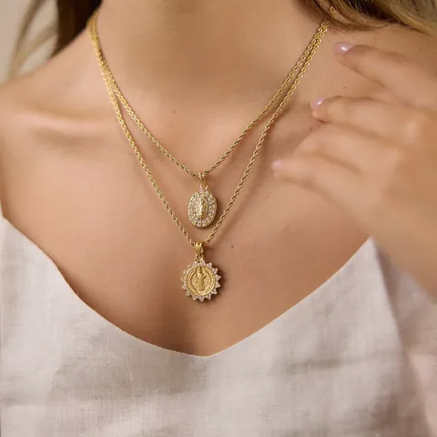 Vintage Portrait Stainless Steel Pendant Necklace Gold Plated Rhinestone Religious Coin Medal Necklace For Women Luxury Jewelry