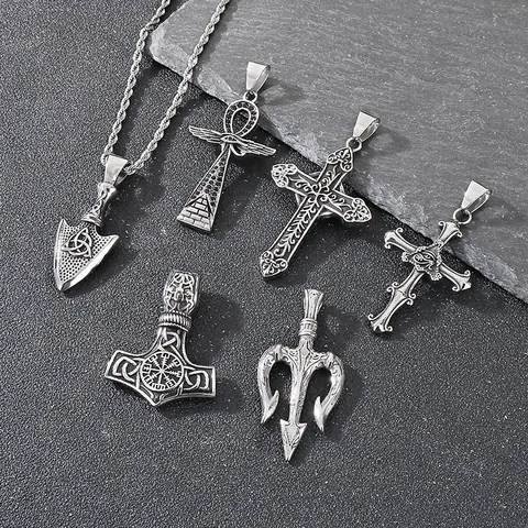 Vintage Viking Roestvrijstalen Hanger Ketting Thor Hamer Oog Van Horus Ankh Kruis Drietand Pijlpunt Voor Mannen Punk Hip Hop
