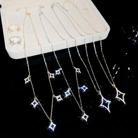 Bijoux En Cuivre Plaqué Or Véritable 18K Zirconia Étoile Du Nord Collier Et Bague Pour Femmes Collier Pendentif Étoile Élégant Bague Ouverte Réglable
