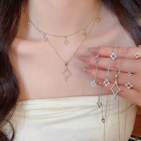 Bijoux En Cuivre Plaqué Or Véritable 18K Zirconia Étoile Du Nord Collier Et Bague Pour Femmes Collier Pendentif Étoile Élégant Bague Ouverte Réglable