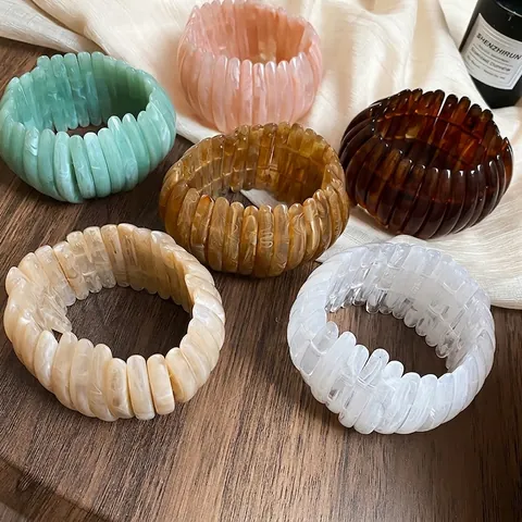 Vintage Maillard Style Acrylic Geometric Semi Circle Elastic Bracelet Marble Pattern High End Stretch Bangle Jewelry For Women