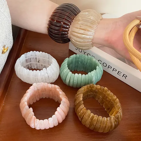 Vintage Maillard Style Acrylic Geometric Semi Circle Elastic Bracelet Marble Pattern High End Stretch Bangle Jewelry For Women