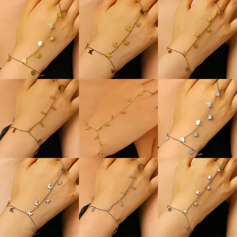 Stainless Steel Ring-Linked Bracelet Hand Chain For Women Star Heart Butterfly Infinity Symbol Leaf Pendant Hand Harness Jewelry