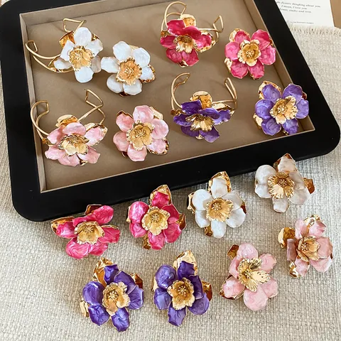 Vintage Metal Enamel Pleated Flower Jewelry For Women Elegant Floral Bangle Adjustable Ring Stud Earrings With Silver Post