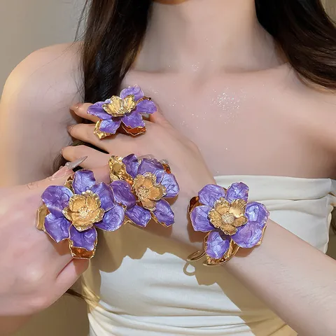 Vintage Metal Enamel Pleated Flower Jewelry For Women Elegant Floral Bangle Adjustable Ring Stud Earrings With Silver Post