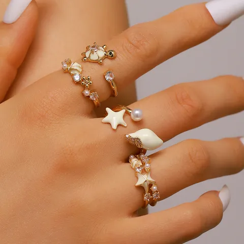 Bohemian Gold Plated Open Rings For Women Marine Shell Starfish Turtle Adjustable Zirconia Artificial Pearl Beach Vacation Finger Ring