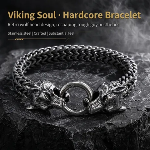 Double Wolf Head Men Bracelet Titanium Stainless Steel Woven Chain Punk Gothic Biker Jewelry