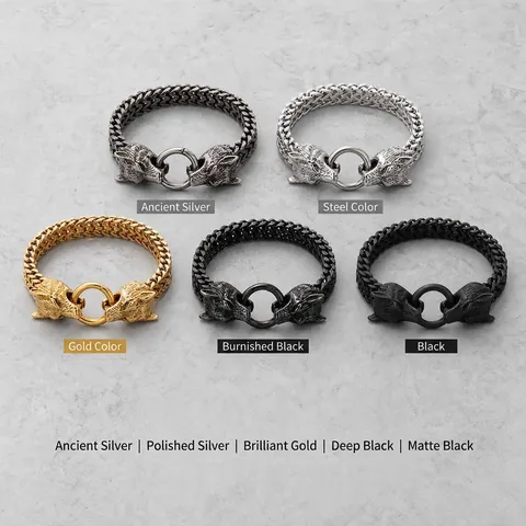 Double Wolf Head Men Bracelet Titanium Stainless Steel Woven Chain Punk Gothic Biker Jewelry