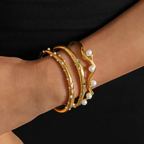 Brazaletes De Acero Inoxidable Con Incrustaciones De Perlas Y Rhinestones Estilo Ig