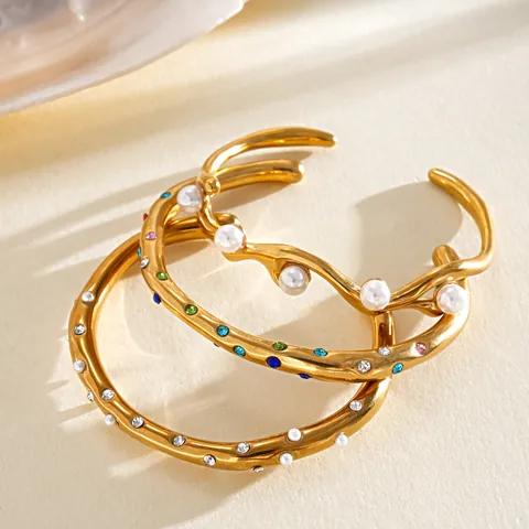 Brazaletes De Acero Inoxidable Con Incrustaciones De Perlas Y Rhinestones Estilo Ig