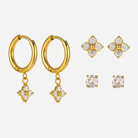 Edelstahl 18K Vergoldet Zirkonia Vierblättriges Kleeblatt Creolen Und Ohrstecker Elegante Mode Schmuck Zubehör Für Damen Geschenk
