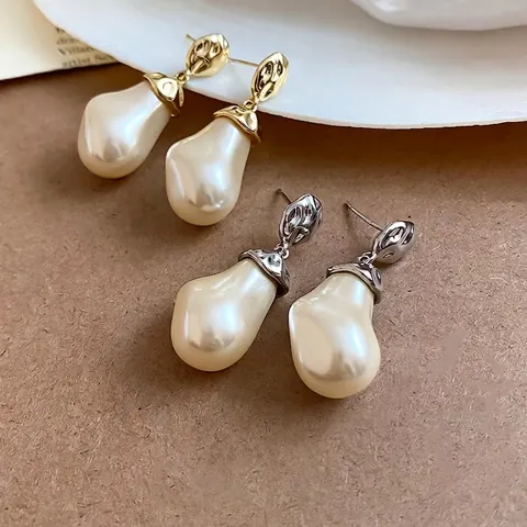 French Vintage Irregular Artificial Pearl Dangle Earrings For Women Alloy Hammered Metal 925 Sterling Silver Earring Post Elegant Jewelry