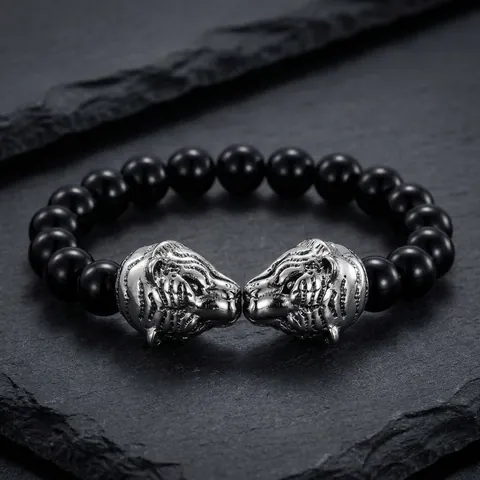 Men Beaded Bracelet Stainless Steel Tiger Wolf Dragon Head Animal Vintage Punk Fashion Jewelry Accessory For Male