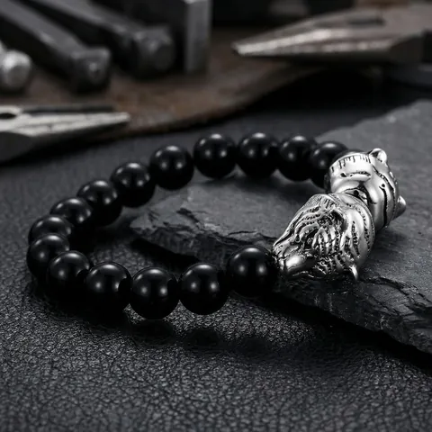 Men Beaded Bracelet Stainless Steel Tiger Wolf Dragon Head Animal Vintage Punk Fashion Jewelry Accessory For Male