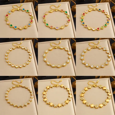 Roestvrij Staal Vergulde Armband Voor Vrouwen Gekleurde Strass Hart Ster Bloem Geometrische Lichte Luxe Mode Armband