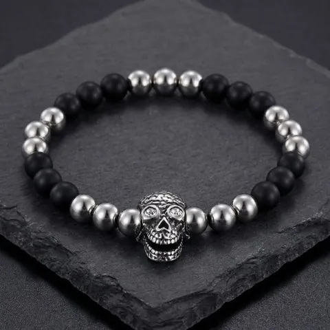 Fashion Men Stainless Steel Skull Beaded Bracelet Rhinestone Eyes Punk Gothic Jewelry Matte Beads Cool Biker Ornament