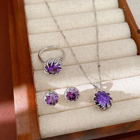 Elegant Round Purple Zirconia Copper Jewelry For Women Literary Retro Silver Plated Necklace Earrings Ring Wedding Banquet Accessory Gift