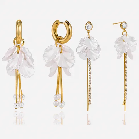 Stainless Steel Petal Tassel Earrings For Women Acrylic Artificial Pearl Zirconia Flower Dangle Earrings Luxury High-End Fashion Jewelry