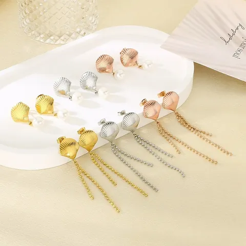 Stainless Steel Shell Artificial Pearl Dangle Earrings Summer Beach Tassel Pendant Drop Earrings For Women Jewelry