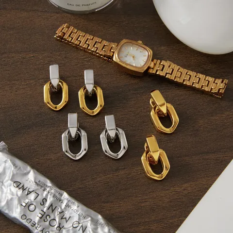 Boucles d'Oreilles Créoles Géométriques en Acier Inoxydable Maillons pour Femmes Premium Or Argent Bicolore Bijoux Étanche Cadeau