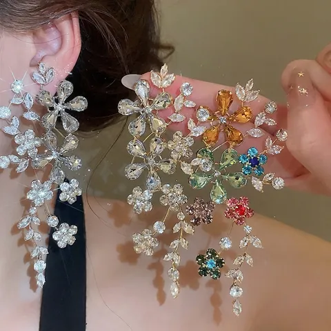 Luxurious Copper Rhinestone Flower Cluster Stud Earrings With Silver Earring Post Elegant Hollow Floral Dangle Earrings For Banquet Party Women Jewelry