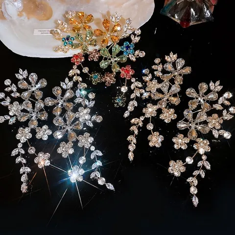 Luxurious Copper Rhinestone Flower Cluster Stud Earrings With Silver Earring Post Elegant Hollow Floral Dangle Earrings For Banquet Party Women Jewelry